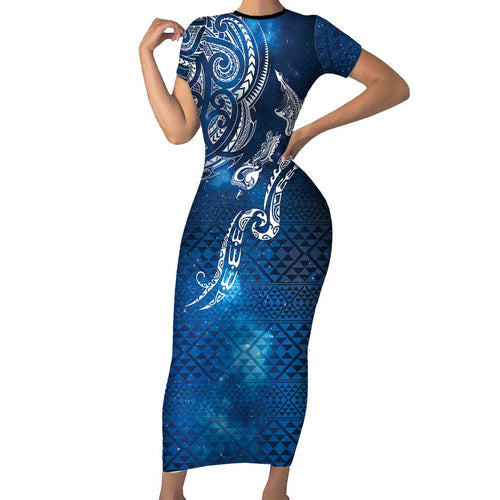 Matariki Galaxy Short Sleeve Bodycon Dress New Zealand Map Maori Pattern