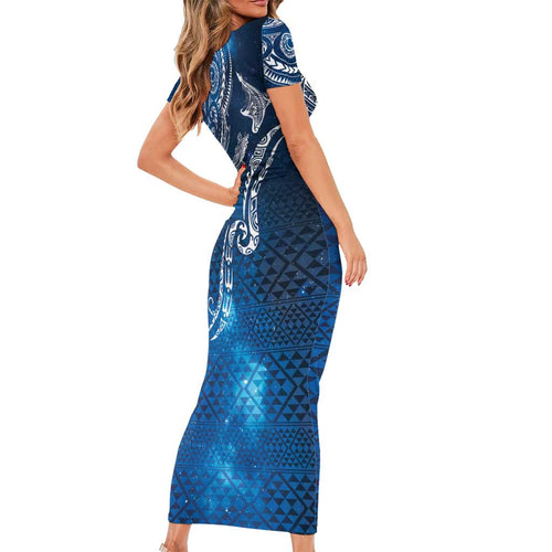 Matariki Galaxy Short Sleeve Bodycon Dress New Zealand Map Maori Pattern