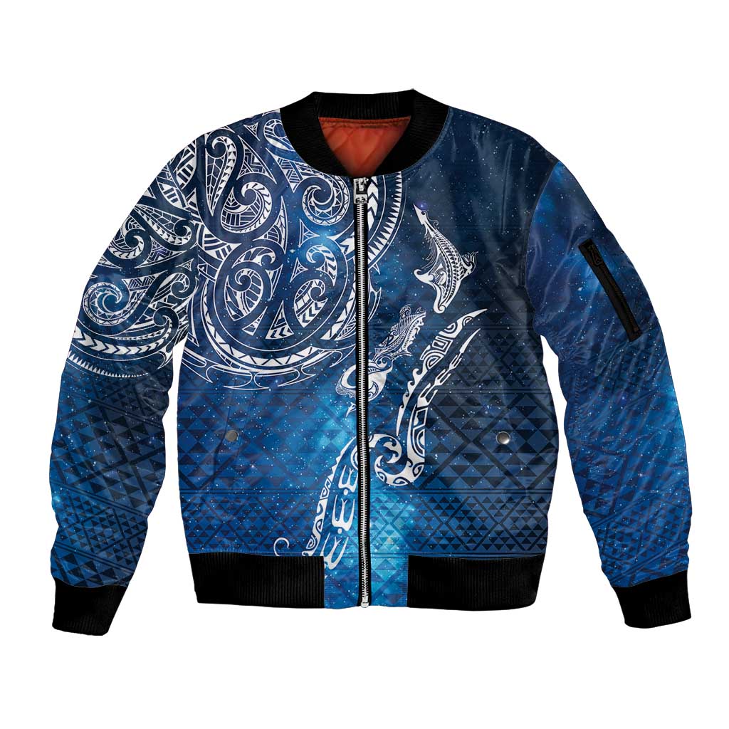 Matariki Galaxy Sleeve Zip Bomber Jacket New Zealand Map Maori Pattern