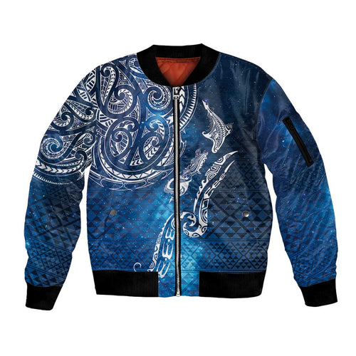 Matariki Galaxy Sleeve Zip Bomber Jacket New Zealand Map Maori Pattern