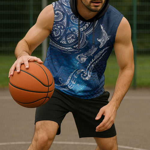 Matariki Galaxy Sleeveless Hoodie New Zealand Map Maori Pattern