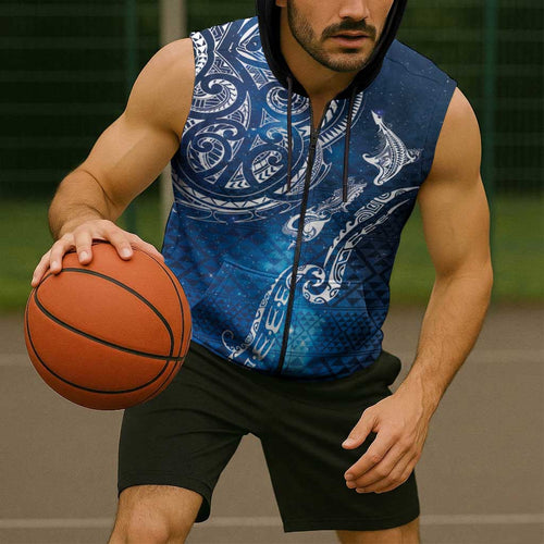 Matariki Galaxy Sleeveless Zip Hoodie New Zealand Map Maori Pattern