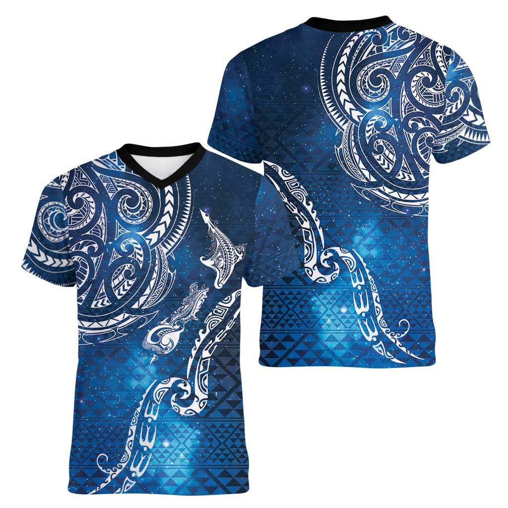 Matariki Galaxy Women V-Neck T-Shirt New Zealand Map Maori Pattern