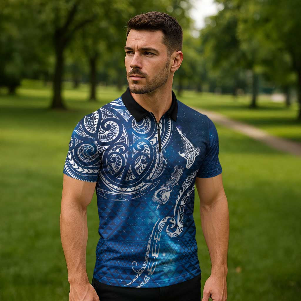 Matariki Galaxy Zipper Polo Shirt New Zealand Map Maori Pattern