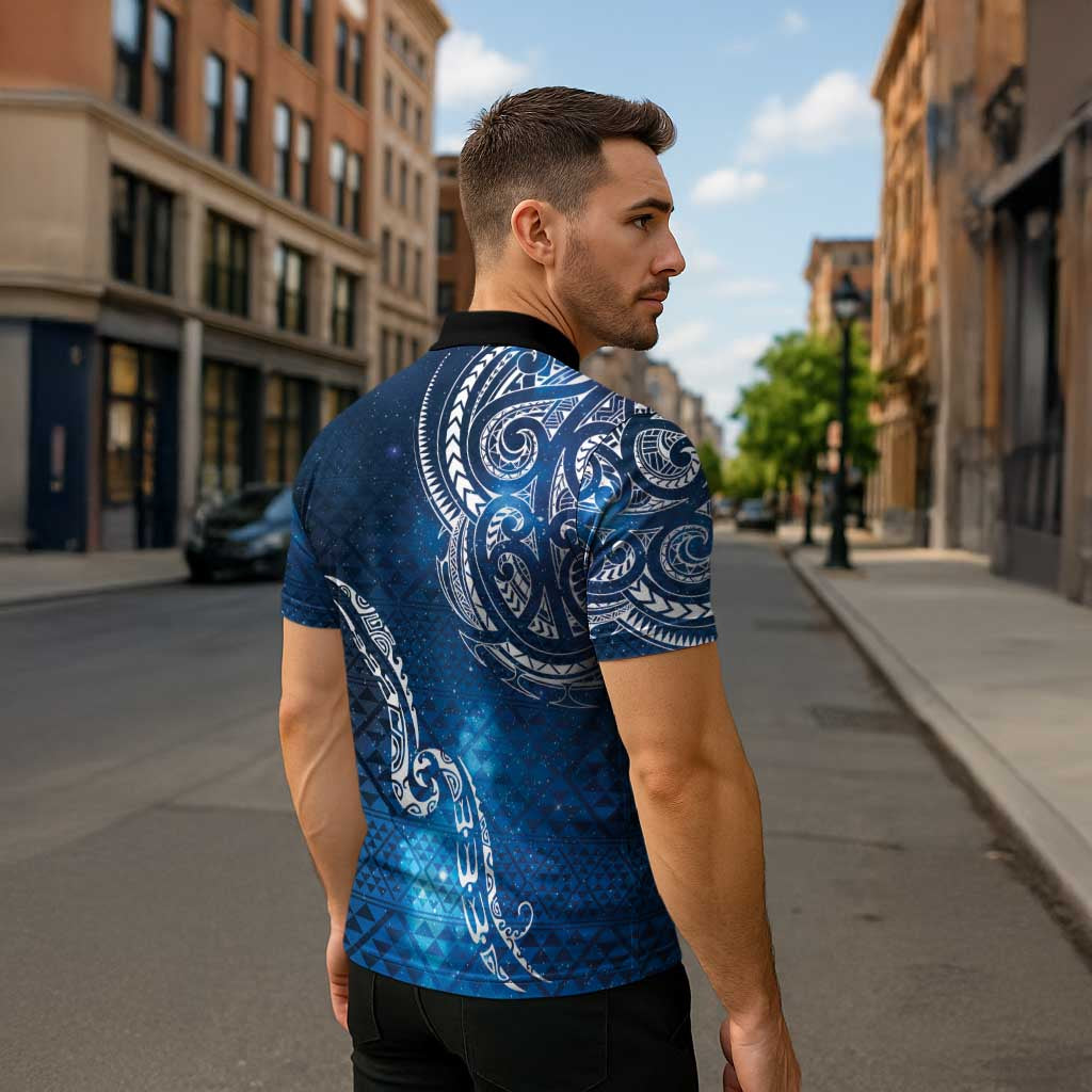 Matariki Galaxy Zipper Polo Shirt New Zealand Map Maori Pattern