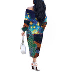 Personalised New Zealand Matariki Art Star Off The Shoulder Long Sleeve Dress Koru Fern Night Starry Sky