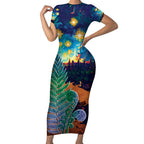 Personalised New Zealand Matariki Art Star Short Sleeve Bodycon Dress Koru Fern Night Starry Sky