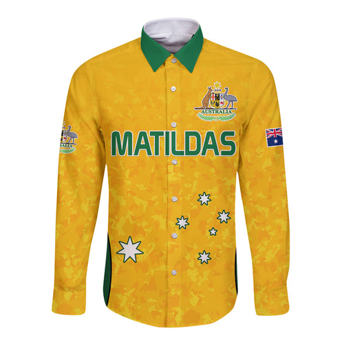 custom-text-and-number-australia-soccer-long-sleeve-button-shirt-socceroos-with-kangaroo-matildas-2023