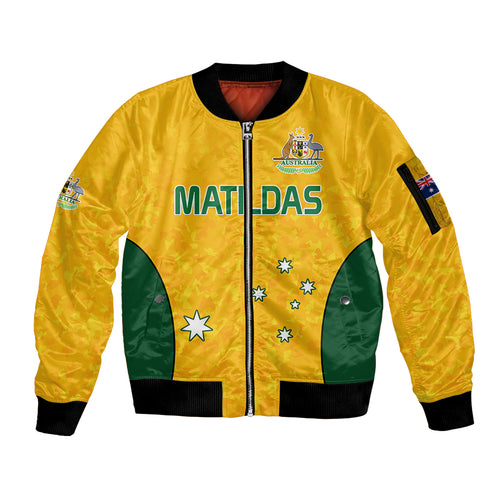 custom-text-and-number-australia-soccer-sleeve-zip-bomber-jacket-socceroos-with-kangaroo-matildas-2023