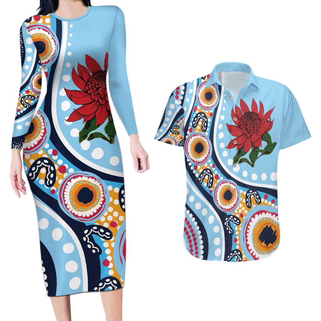 New South Wales Rugby Pacific Custom Couples Matching Long Sleeve Bodycon Dress and Hawaiian Shirt Aboriginal art of Waratah