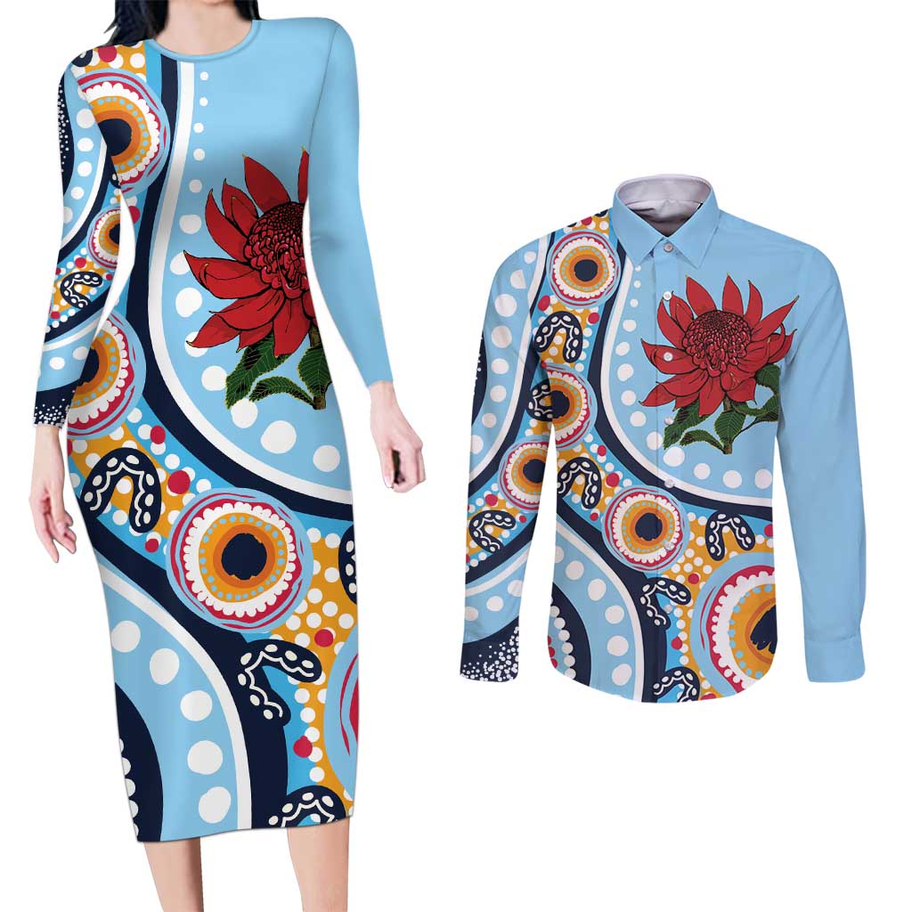 New South Wales Rugby Pacific Custom Couples Matching Long Sleeve Bodycon Dress and Long Sleeve Button Shirt Aboriginal art of Waratah