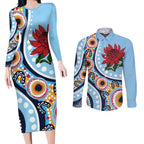 New South Wales Rugby Pacific Custom Couples Matching Long Sleeve Bodycon Dress and Long Sleeve Button Shirt Aboriginal art of Waratah