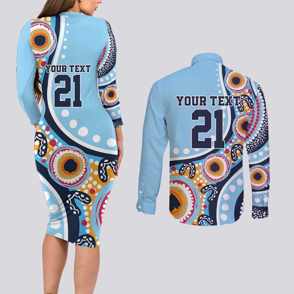 New South Wales Rugby Pacific Custom Couples Matching Long Sleeve Bodycon Dress and Long Sleeve Button Shirt Aboriginal art of Waratah