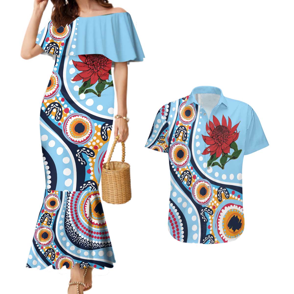New South Wales Rugby Pacific Custom Couples Matching Mermaid Dress and Hawaiian Shirt Aboriginal art of Waratah