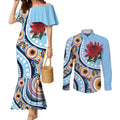 New South Wales Rugby Pacific Custom Couples Matching Mermaid Dress and Long Sleeve Button Shirt Aboriginal art of Waratah