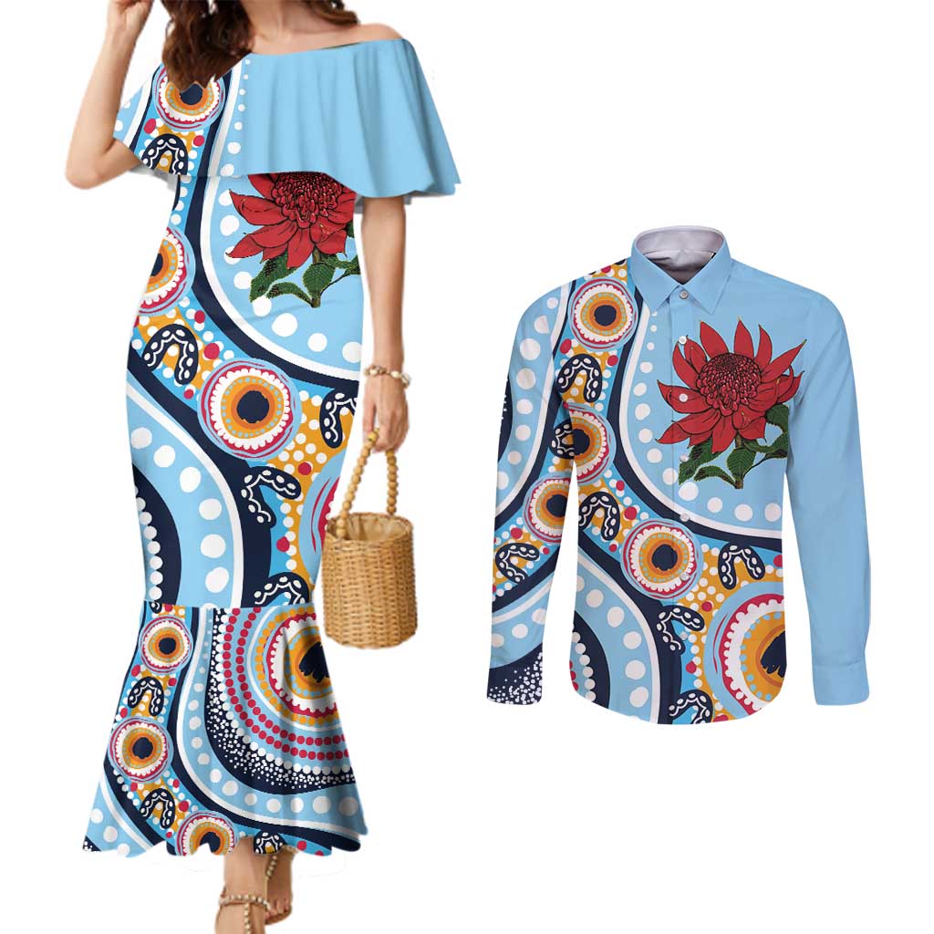 New South Wales Rugby Pacific Custom Couples Matching Mermaid Dress and Long Sleeve Button Shirt Aboriginal art of Waratah