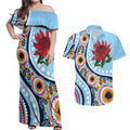 New South Wales Rugby Pacific Custom Couples Matching Off Shoulder Maxi Dress and Hawaiian Shirt Aboriginal art of Waratah