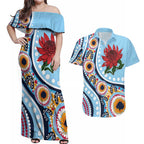 New South Wales Rugby Pacific Custom Couples Matching Off Shoulder Maxi Dress and Hawaiian Shirt Aboriginal art of Waratah