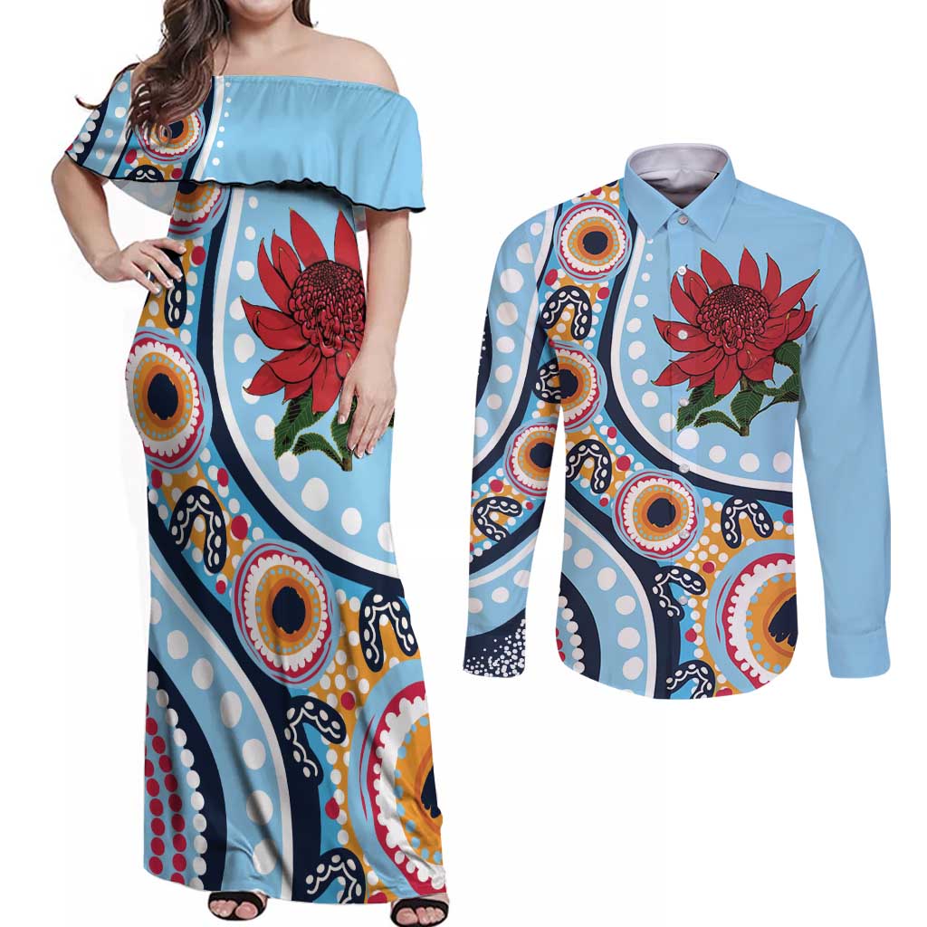 New South Wales Rugby Pacific Custom Couples Matching Off Shoulder Maxi Dress and Long Sleeve Button Shirt Aboriginal art of Waratah