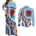 New South Wales Rugby Pacific Custom Couples Matching Off Shoulder Maxi Dress and Long Sleeve Button Shirt Aboriginal art of Waratah