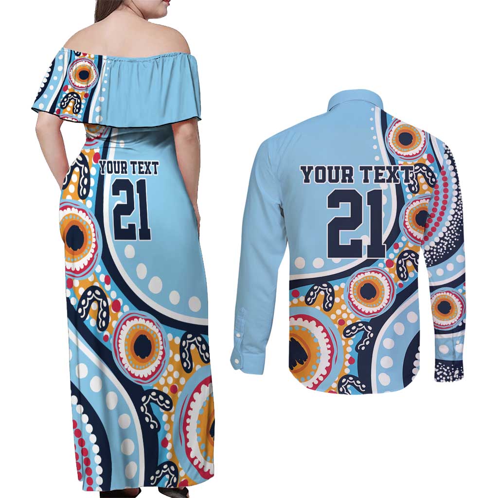 New South Wales Rugby Pacific Custom Couples Matching Off Shoulder Maxi Dress and Long Sleeve Button Shirt Aboriginal art of Waratah