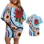 New South Wales Rugby Pacific Custom Couples Matching Off Shoulder Short Dress and Hawaiian Shirt Aboriginal art of Waratah