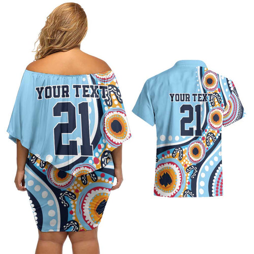 New South Wales Rugby Pacific Custom Couples Matching Off Shoulder Short Dress and Hawaiian Shirt Aboriginal art of Waratah
