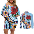 New South Wales Rugby Pacific Custom Couples Matching Off Shoulder Short Dress and Long Sleeve Button Shirt Aboriginal art of Waratah