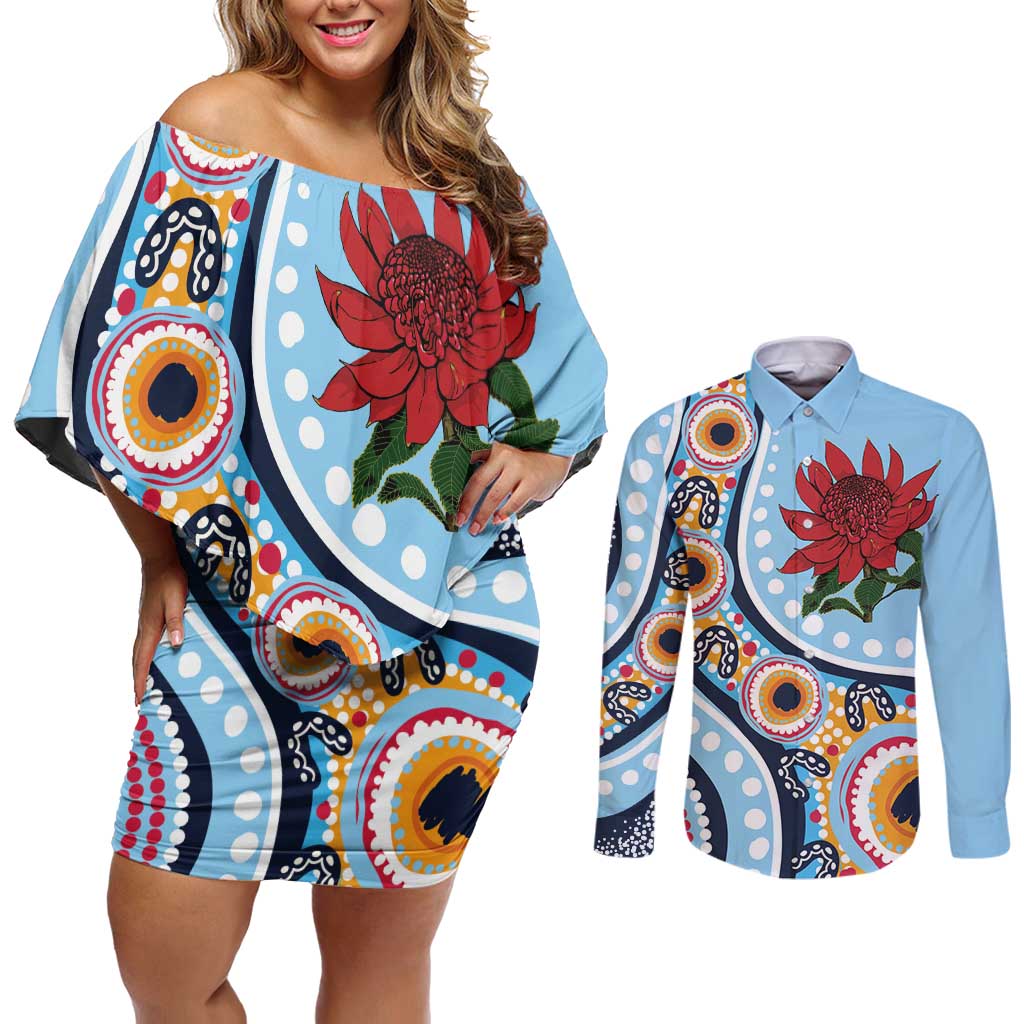 New South Wales Rugby Pacific Custom Couples Matching Off Shoulder Short Dress and Long Sleeve Button Shirt Aboriginal art of Waratah