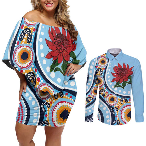 New South Wales Rugby Pacific Custom Couples Matching Off Shoulder Short Dress and Long Sleeve Button Shirt Aboriginal art of Waratah