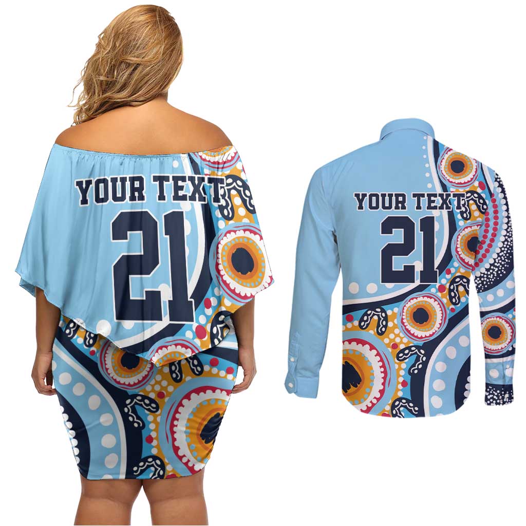 New South Wales Rugby Pacific Custom Couples Matching Off Shoulder Short Dress and Long Sleeve Button Shirt Aboriginal art of Waratah