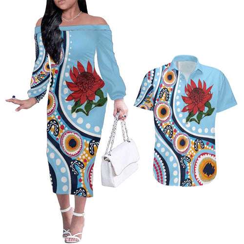 New South Wales Rugby Pacific Custom Couples Matching Off The Shoulder Long Sleeve Dress and Hawaiian Shirt Aboriginal art of Waratah