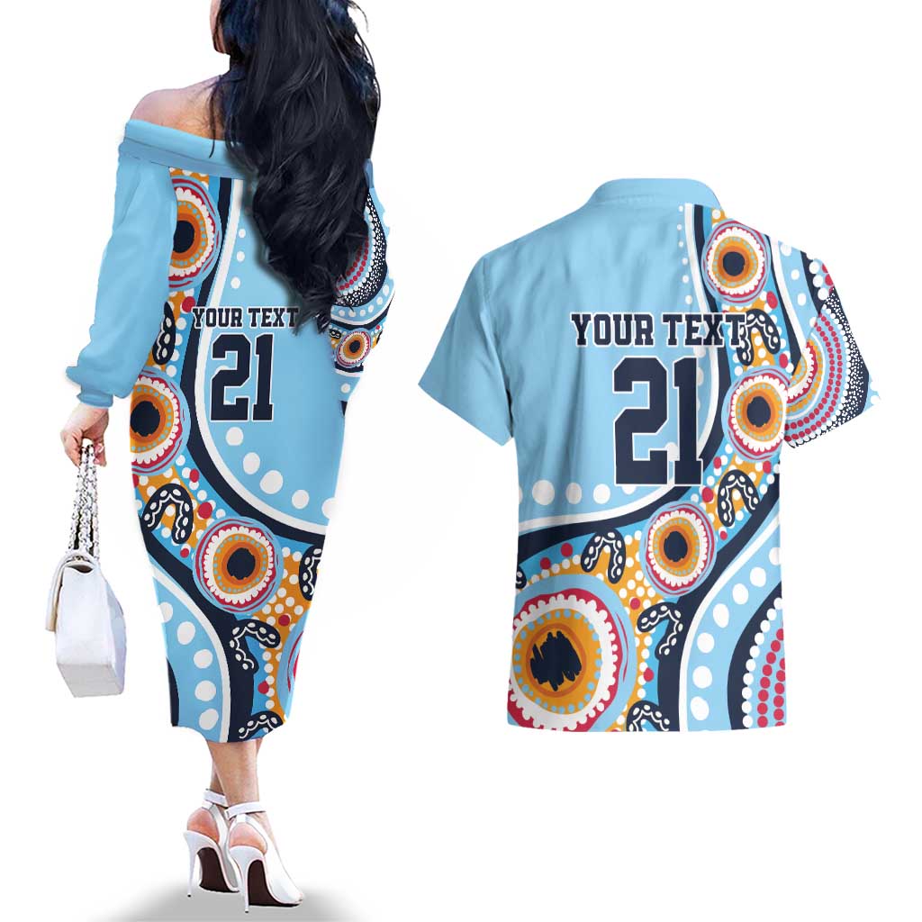 New South Wales Rugby Pacific Custom Couples Matching Off The Shoulder Long Sleeve Dress and Hawaiian Shirt Aboriginal art of Waratah