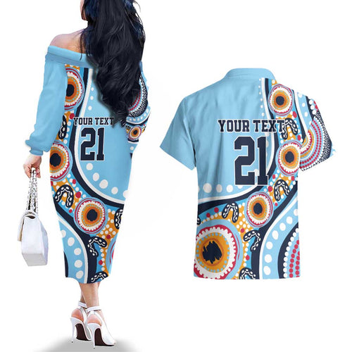 New South Wales Rugby Pacific Custom Couples Matching Off The Shoulder Long Sleeve Dress and Hawaiian Shirt Aboriginal art of Waratah