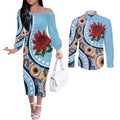 New South Wales Rugby Pacific Custom Couples Matching Off The Shoulder Long Sleeve Dress and Long Sleeve Button Shirt Aboriginal art of Waratah