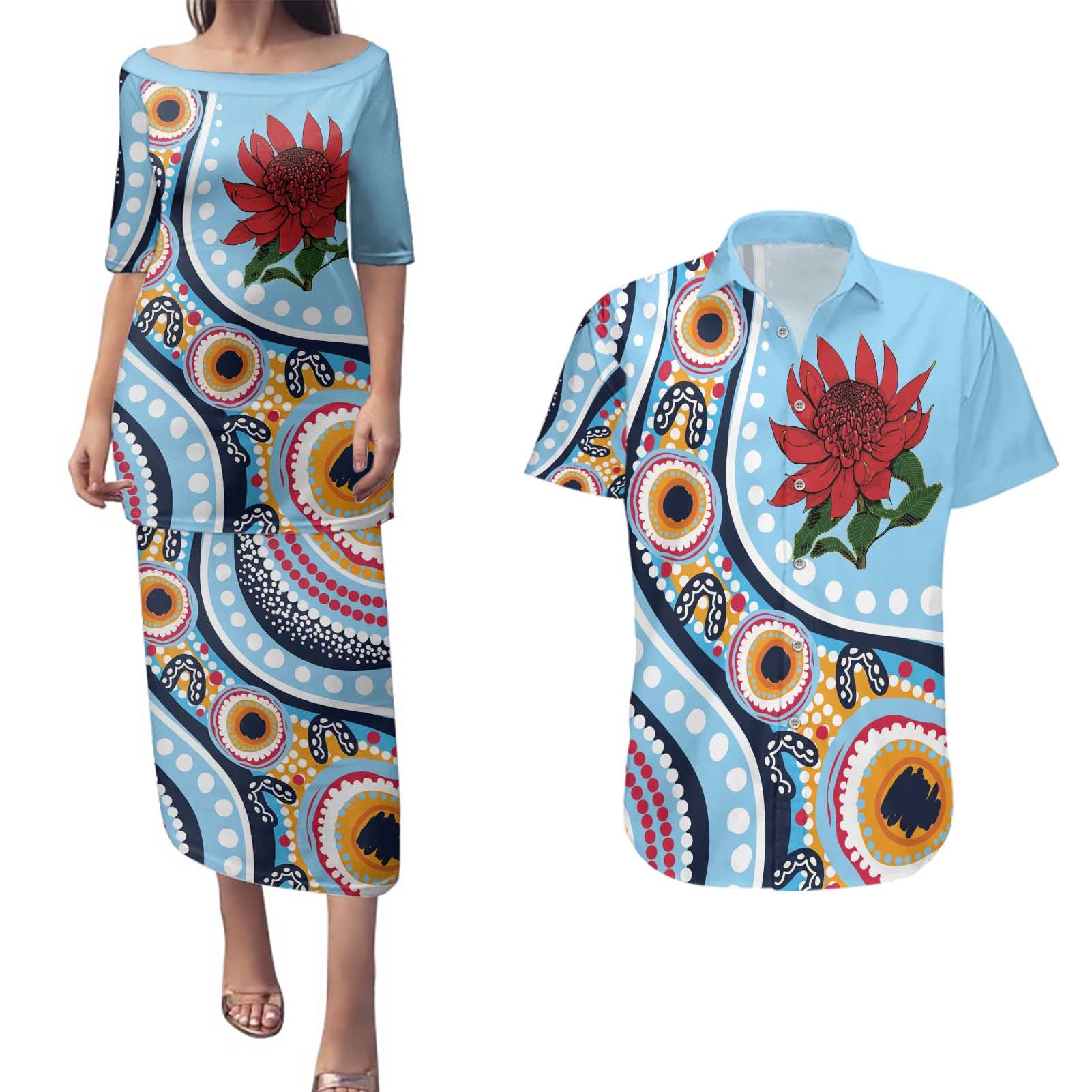 New South Wales Rugby Pacific Custom Couples Matching Puletasi and Hawaiian Shirt Aboriginal art of Waratah