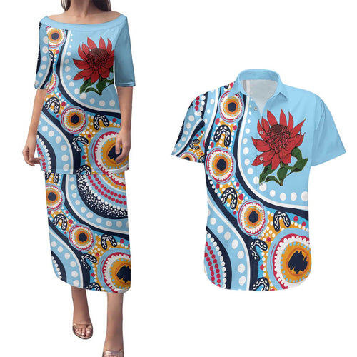 New South Wales Rugby Pacific Custom Couples Matching Puletasi and Hawaiian Shirt Aboriginal art of Waratah