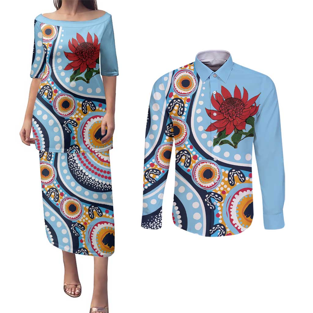 New South Wales Rugby Pacific Custom Couples Matching Puletasi and Long Sleeve Button Shirt Aboriginal art of Waratah