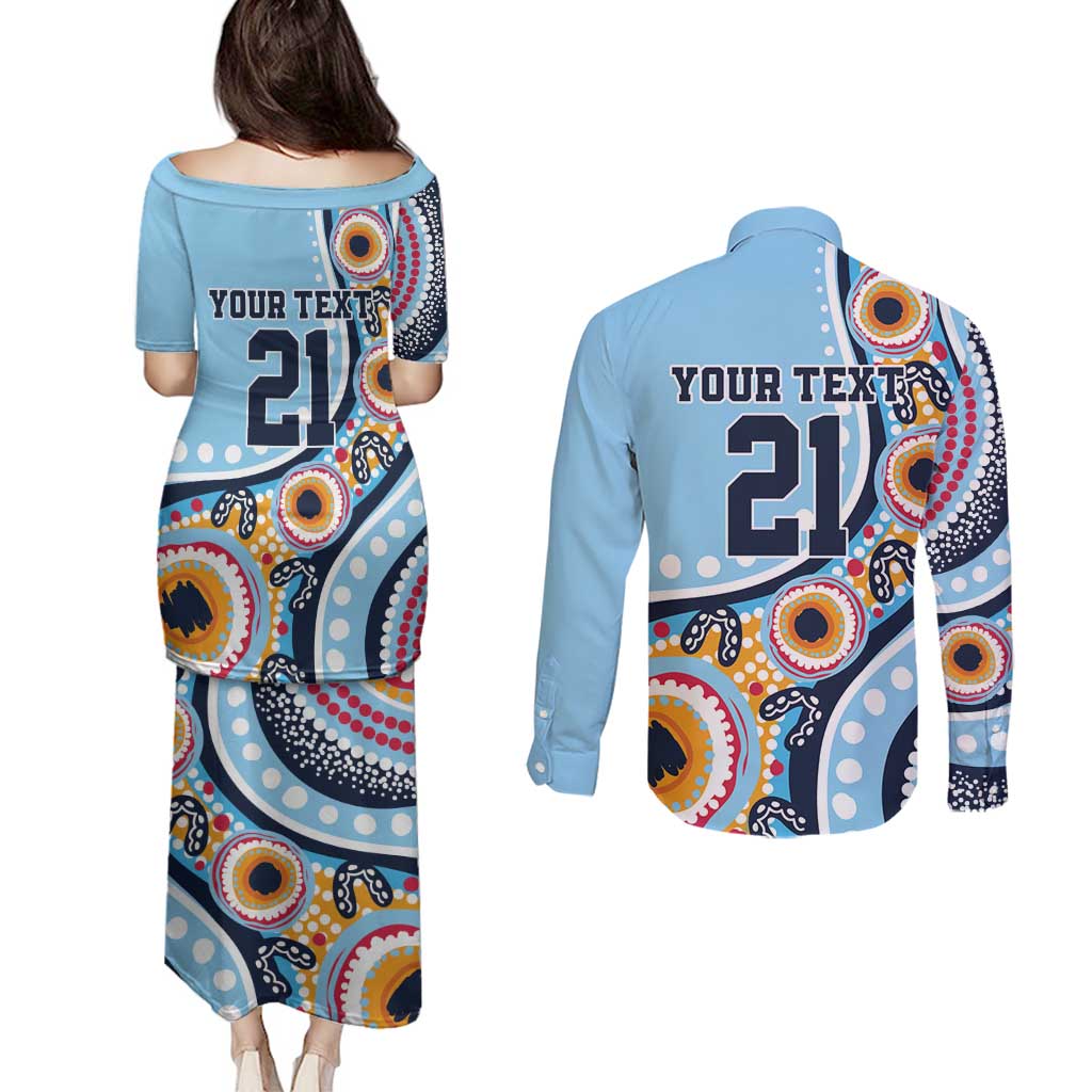 New South Wales Rugby Pacific Custom Couples Matching Puletasi and Long Sleeve Button Shirt Aboriginal art of Waratah