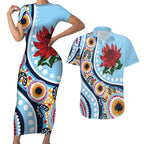 New South Wales Rugby Pacific Custom Couples Matching Short Sleeve Bodycon Dress and Hawaiian Shirt Aboriginal art of Waratah
