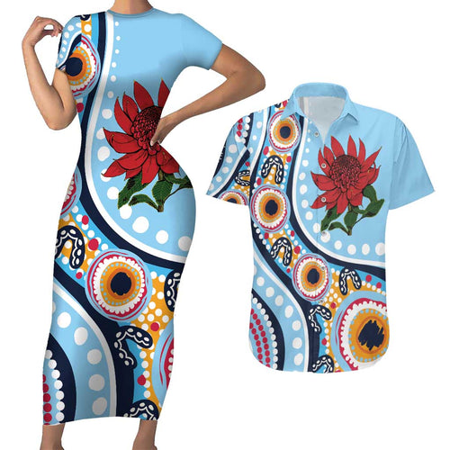 New South Wales Rugby Pacific Custom Couples Matching Short Sleeve Bodycon Dress and Hawaiian Shirt Aboriginal art of Waratah