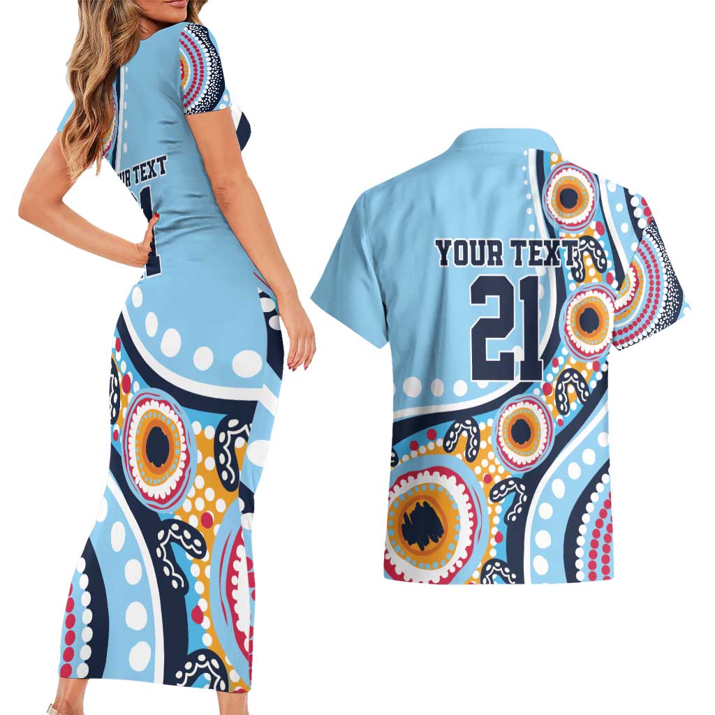 New South Wales Rugby Pacific Custom Couples Matching Short Sleeve Bodycon Dress and Hawaiian Shirt Aboriginal art of Waratah