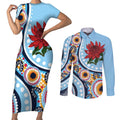 New South Wales Rugby Pacific Custom Couples Matching Short Sleeve Bodycon Dress and Long Sleeve Button Shirt Aboriginal art of Waratah
