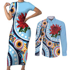 New South Wales Rugby Pacific Custom Couples Matching Short Sleeve Bodycon Dress and Long Sleeve Button Shirt Aboriginal art of Waratah