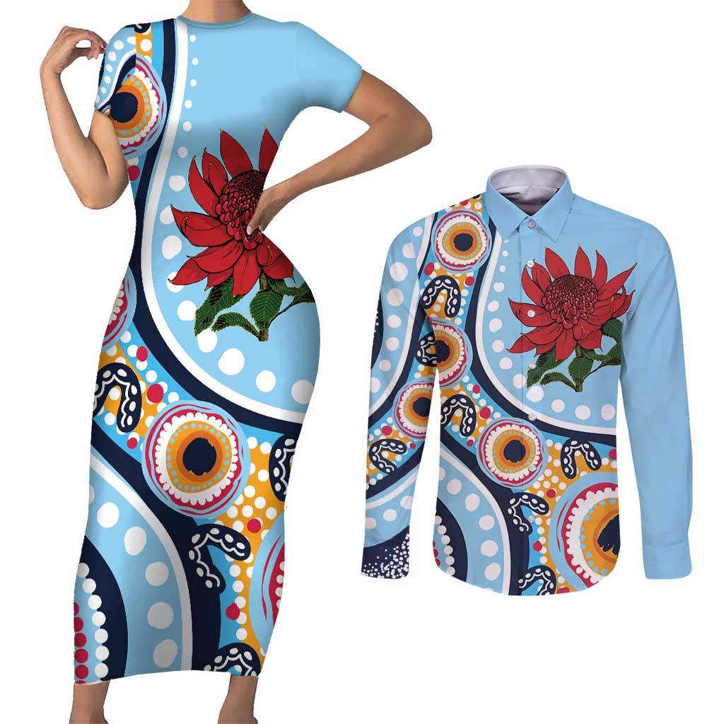 New South Wales Rugby Pacific Custom Couples Matching Short Sleeve Bodycon Dress and Long Sleeve Button Shirt Aboriginal art of Waratah