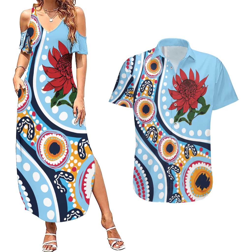 New South Wales Rugby Pacific Custom Couples Matching Summer Maxi Dress and Hawaiian Shirt Aboriginal art of Waratah