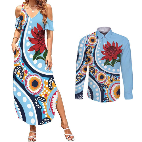 New South Wales Rugby Pacific Custom Couples Matching Summer Maxi Dress and Long Sleeve Button Shirt Aboriginal art of Waratah