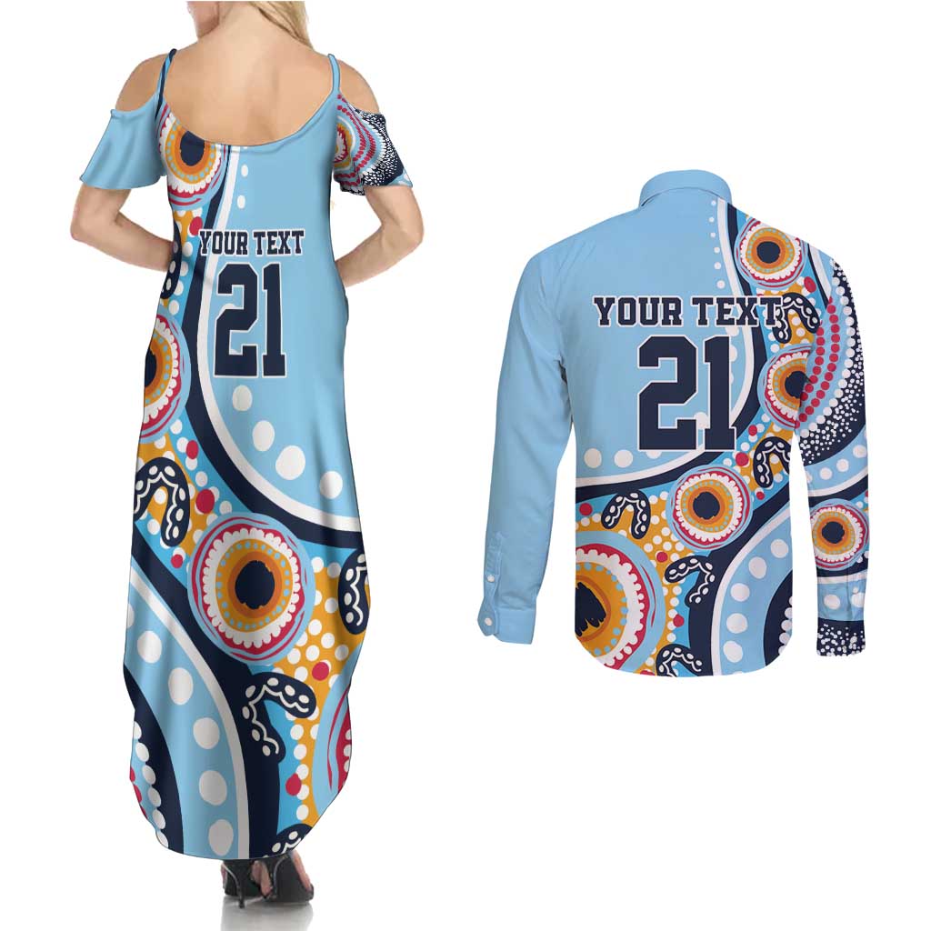 New South Wales Rugby Pacific Custom Couples Matching Summer Maxi Dress and Long Sleeve Button Shirt Aboriginal art of Waratah