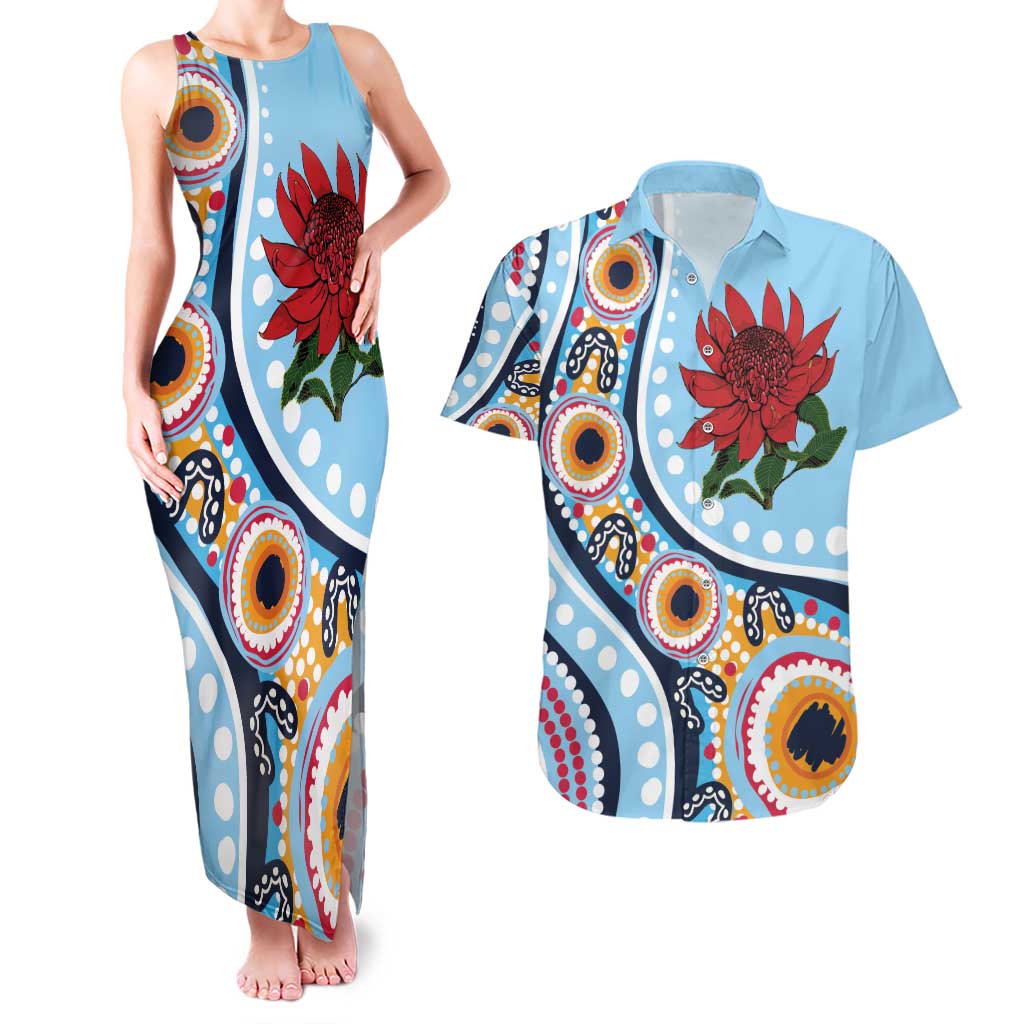 New South Wales Rugby Pacific Custom Couples Matching Tank Maxi Dress and Hawaiian Shirt Aboriginal art of Waratah