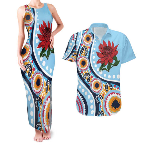 New South Wales Rugby Pacific Custom Couples Matching Tank Maxi Dress and Hawaiian Shirt Aboriginal art of Waratah